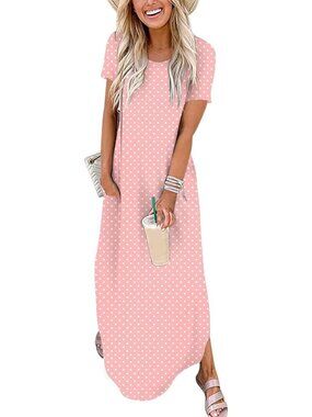 Women's Pink White Dot Summer Maxi Dress Short Sleeve Casual Split Long T Shirt